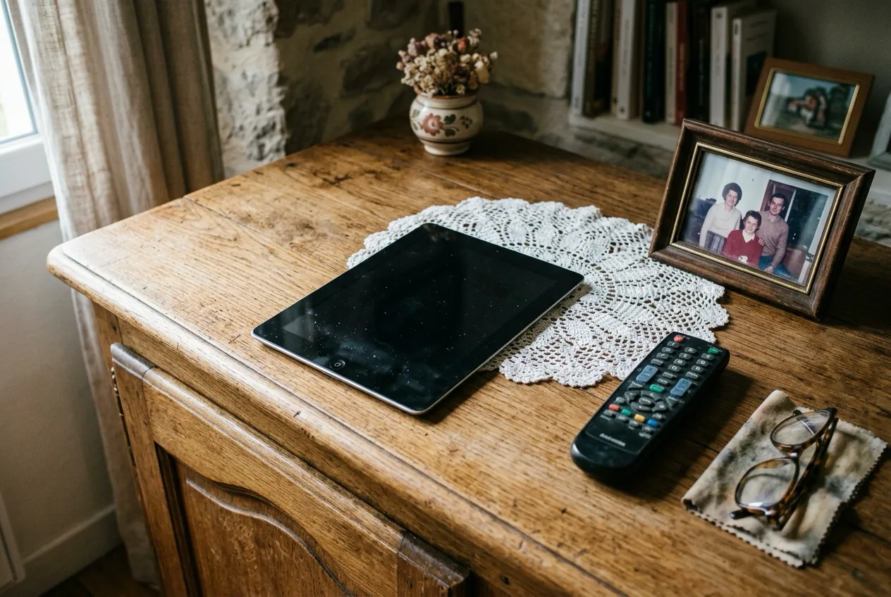 Un iPad éteint posé contre un cadre photo sur un buffet, à côté d’une télécommande.