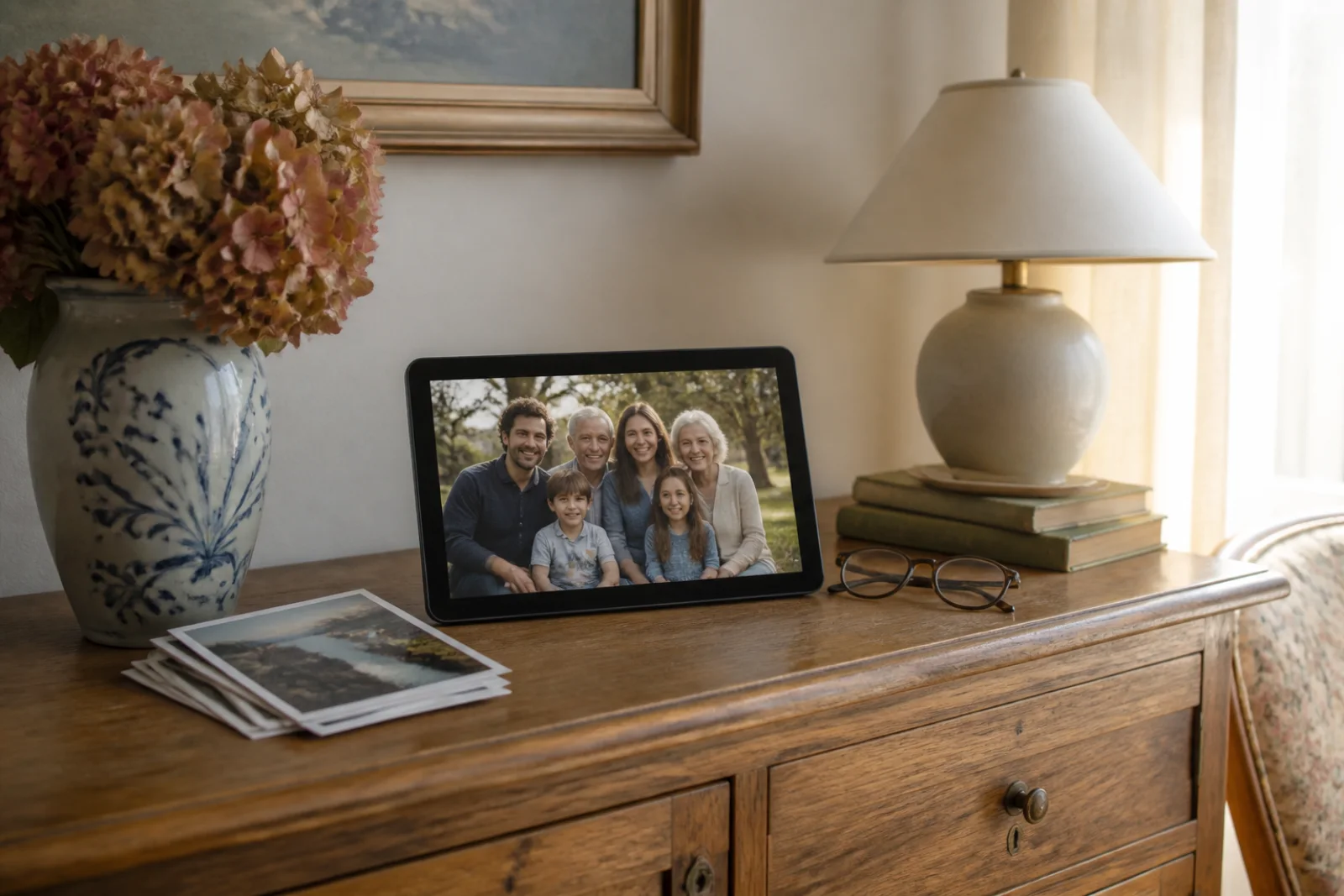 Un iPad transformé avec Hello Pamy posé sur un meuble dans un salon.
